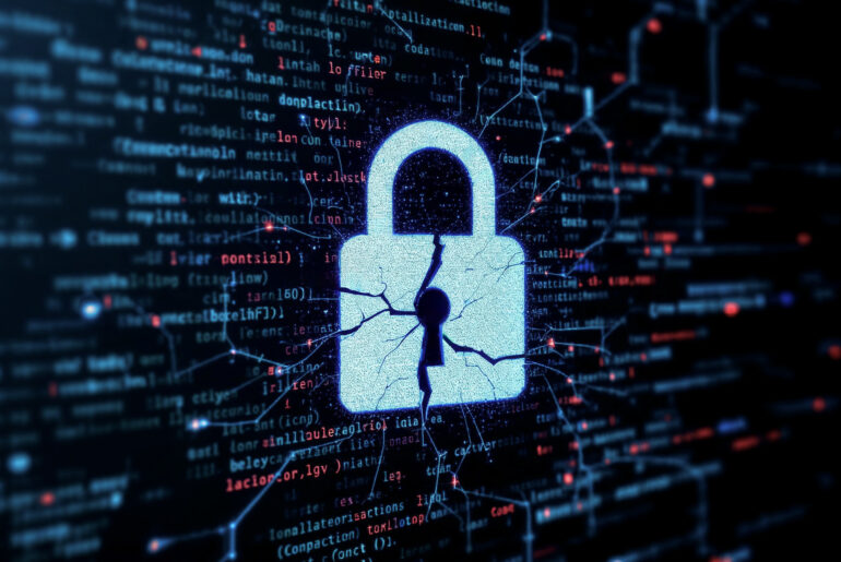Digital padlock with crack appearing over binary code, symbolizing cybersecurity threat and IP ban bypass using residential proxies